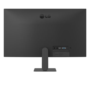 Vista trasera de un monitor LG FHD, mostrando el diseño del soporte y los puertos de conectividad.
