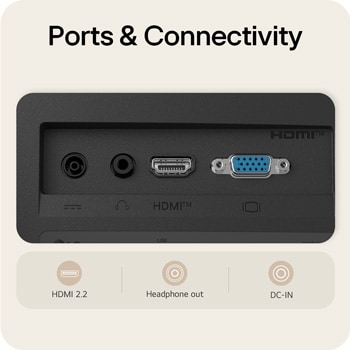Primer plano de los puertos traseros del monitor LG FHD, incluyendo HDMI 2.2, salida de auriculares y entrada DC-IN.