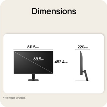 Vista frontal y lateral del monitor LG FHD, con las dimensiones del producto mostradas en milímetros.