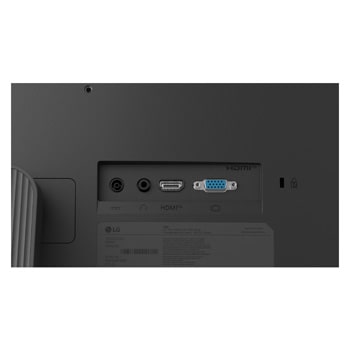 Primer plano de los puertos traseros del monitor LG FHD, incluyendo HDMI 2.2, salida de auriculares y entrada DC-IN.