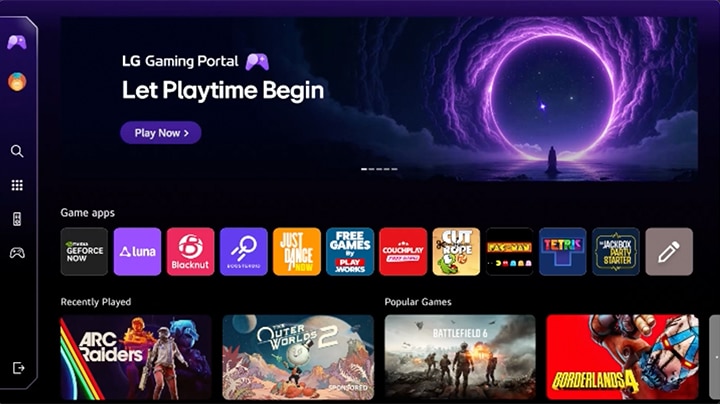LG Smart Monitor displaying the LG Gaming Portal interface with game apps, cloud gaming services, and popular titles, featuring play now access, recently played games, and a console style gaming hub experience on webOS