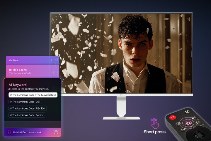 LG Smart Monitor displaying AI Concierge interface with Generative AI recommendations and AI keyword suggestions, controlled by Magic Remote, highlighting contextual search, voice interaction, and personalized content discovery on the smart monitor