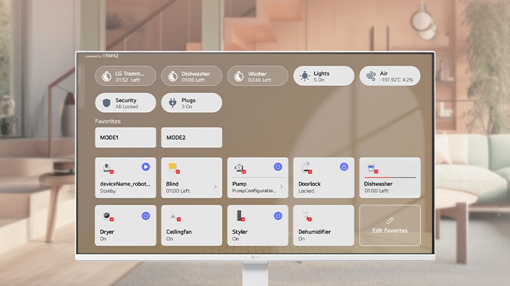 LG Smart Monitor displaying ThinQ Home Hub interface to control multiple smart home devices, showing unified dashboard for lighting, appliances, and connected devices, highlighting smart home monitoring and centralized control on webOS