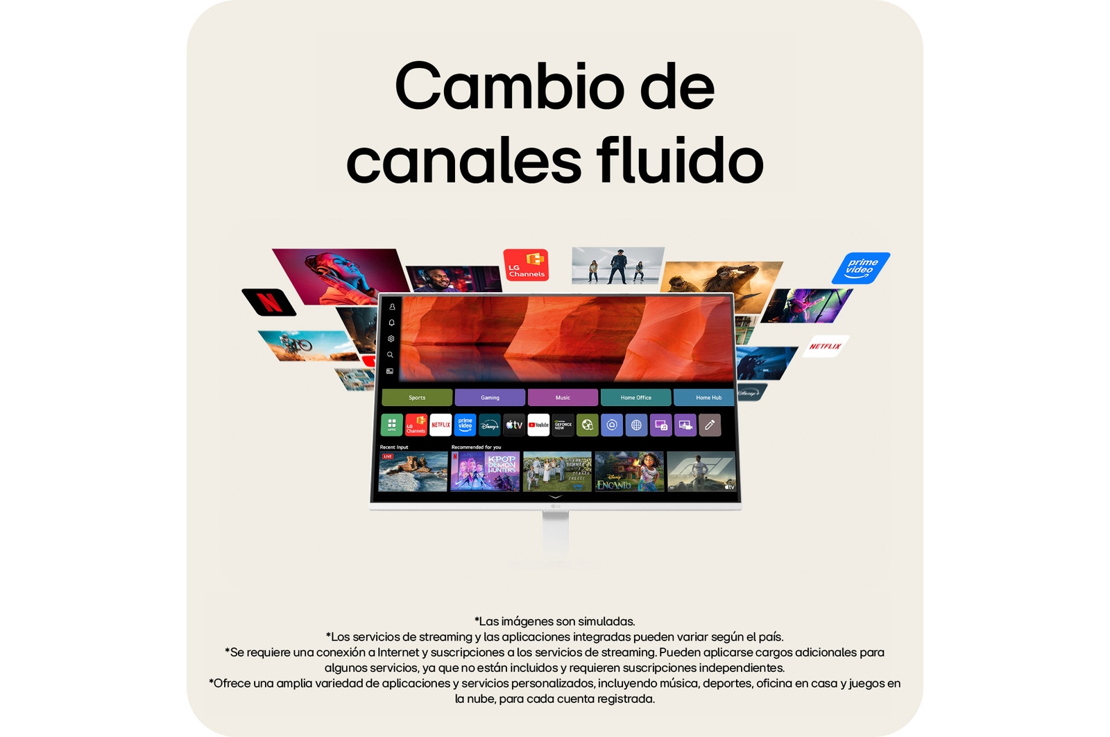 Monitor inteligente LG con webOS, que ofrece acceso a aplicaciones de streaming integradas y contenido de entretenimiento.