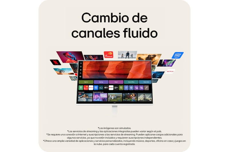 Monitor inteligente LG con webOS, que ofrece acceso a aplicaciones de streaming integradas y contenido de entretenimiento.