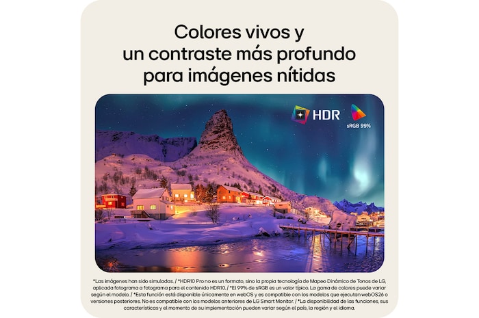 HDR10 Pro con sRGB 99% en el monitor inteligente LG, que mejora la precisión del color y el contraste para ofrecer imágenes nítidas.