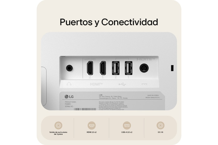 Puertos traseros del LG Smart Monitor, mostrando las opciones de conectividad HDMI 2.0, USB-A 2.0, salida de auriculares y entrada de alimentación (DC-IN).