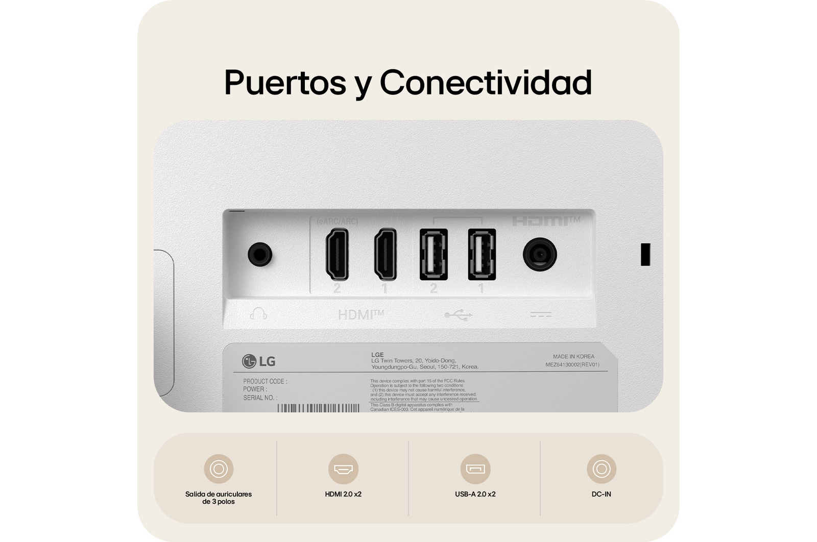 Puertos traseros del LG Smart Monitor, mostrando las opciones de conectividad HDMI 2.0, USB-A 2.0, salida de auriculares y entrada de alimentación (DC-IN).