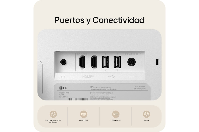 Puertos traseros del LG Smart Monitor, mostrando las opciones de conectividad HDMI 2.0, USB-A 2.0, salida de auriculares y entrada de alimentación (DC-IN).
