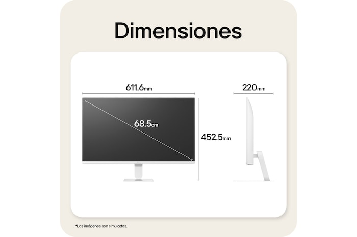 Dimensiones del LG Smart Monitor, que ilustran el tamaño total del producto y las medidas del soporte.
