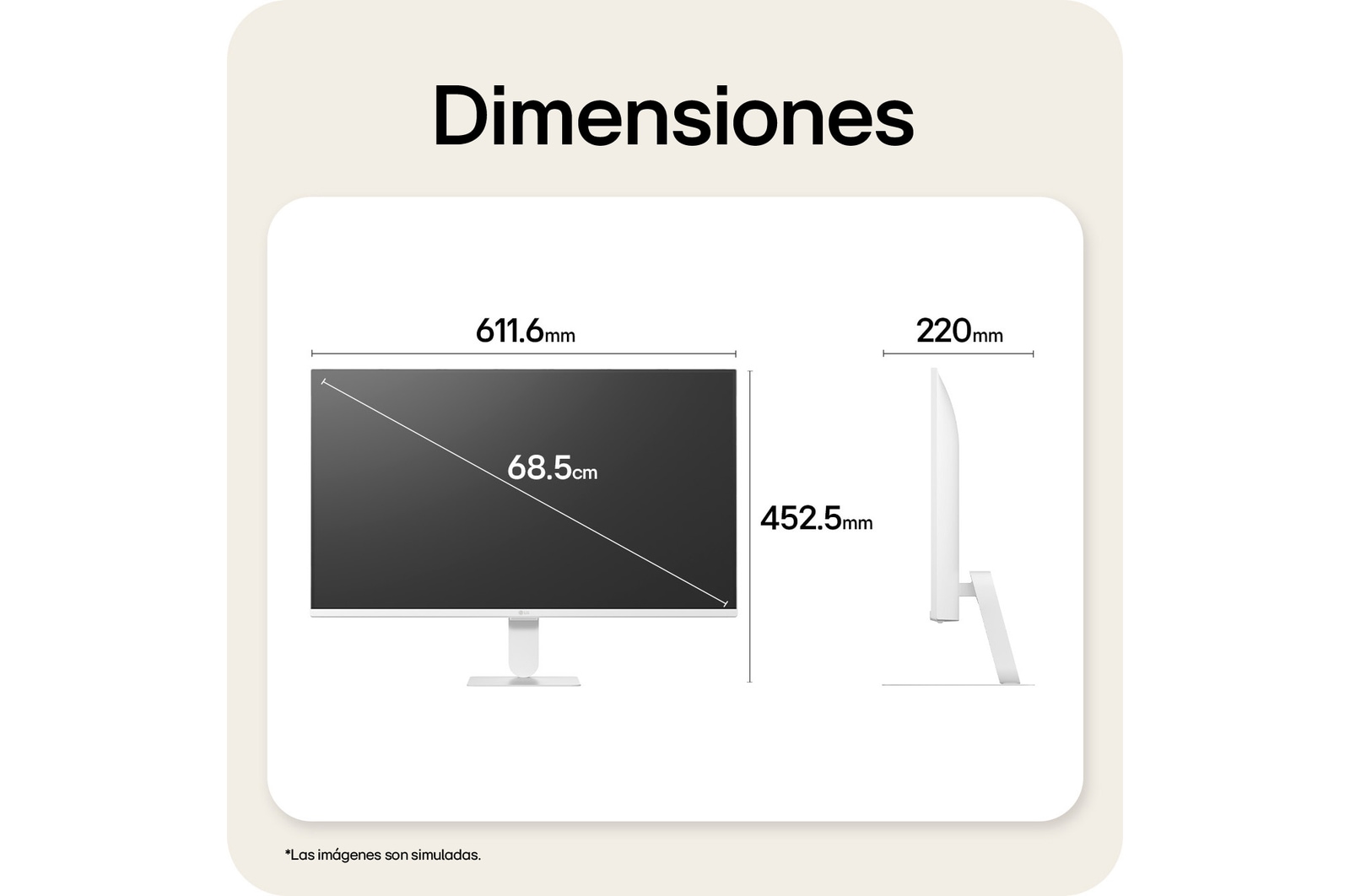 Dimensiones del LG Smart Monitor, que ilustran el tamaño total del producto y las medidas del soporte.