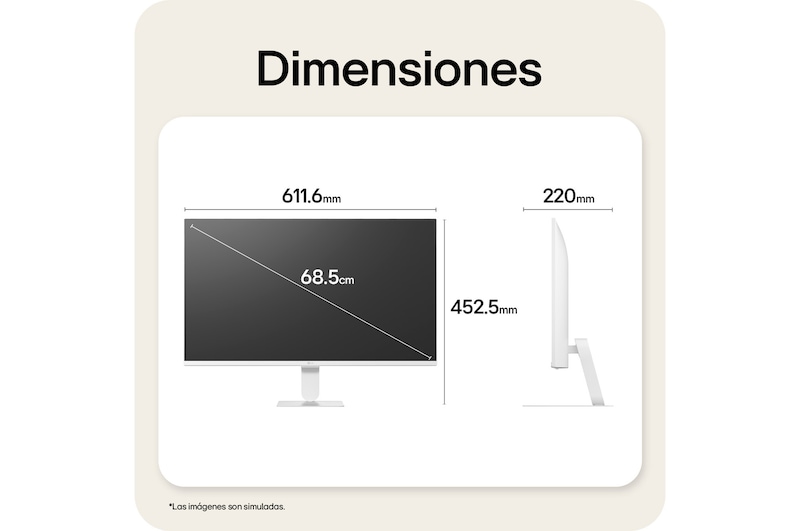 Dimensiones del LG Smart Monitor, que ilustran el tamaño total del producto y las medidas del soporte.