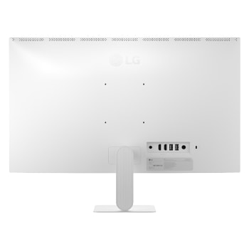 Vista trasera del LG Smart Monitor, mostrando la estructura del soporte y la disposición de la conectividad.