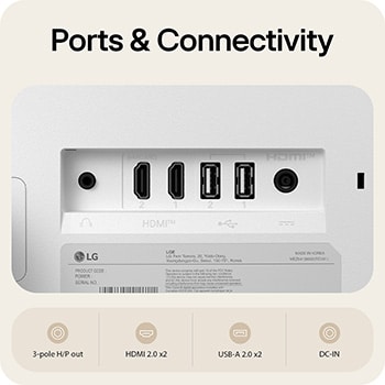 Puertos traseros del LG Smart Monitor, mostrando las opciones de conectividad HDMI 2.0, USB-A 2.0, salida de auriculares y entrada de alimentación (DC-IN).