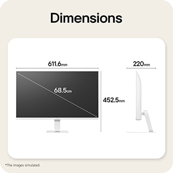 Dimensiones del LG Smart Monitor, que ilustran el tamaño total del producto y las medidas del soporte.