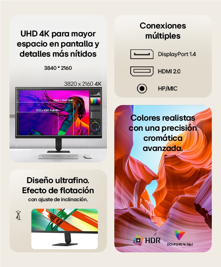 LG UHD 4K monitor feature highlights present a display resolution of 3840x2160, multiple connection options, and adjustable height and tilt settings.