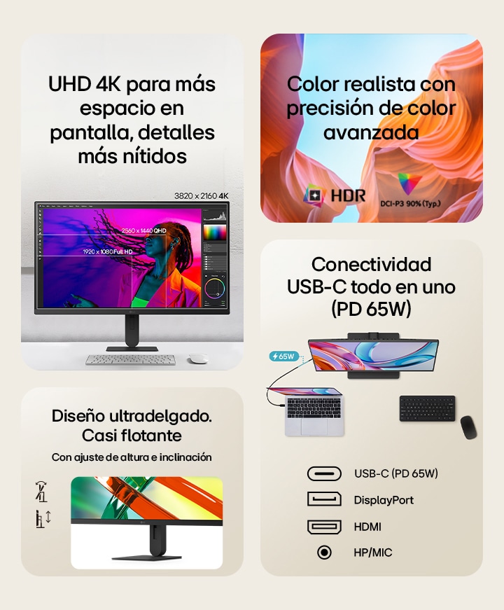 LG monitor displays UHD 4K resolution (3840x2160), highlights USB-C connectivity (PD 65W), and emphasizes advanced color accuracy within an ultra-slim, adjustable design.