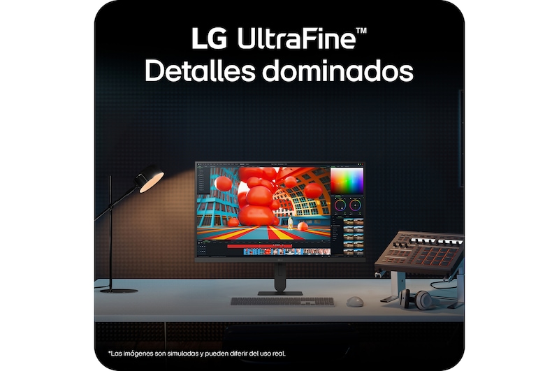Monitor LG UltraFine en un escritorio destacando visuales detallados e integración del espacio de trabajo