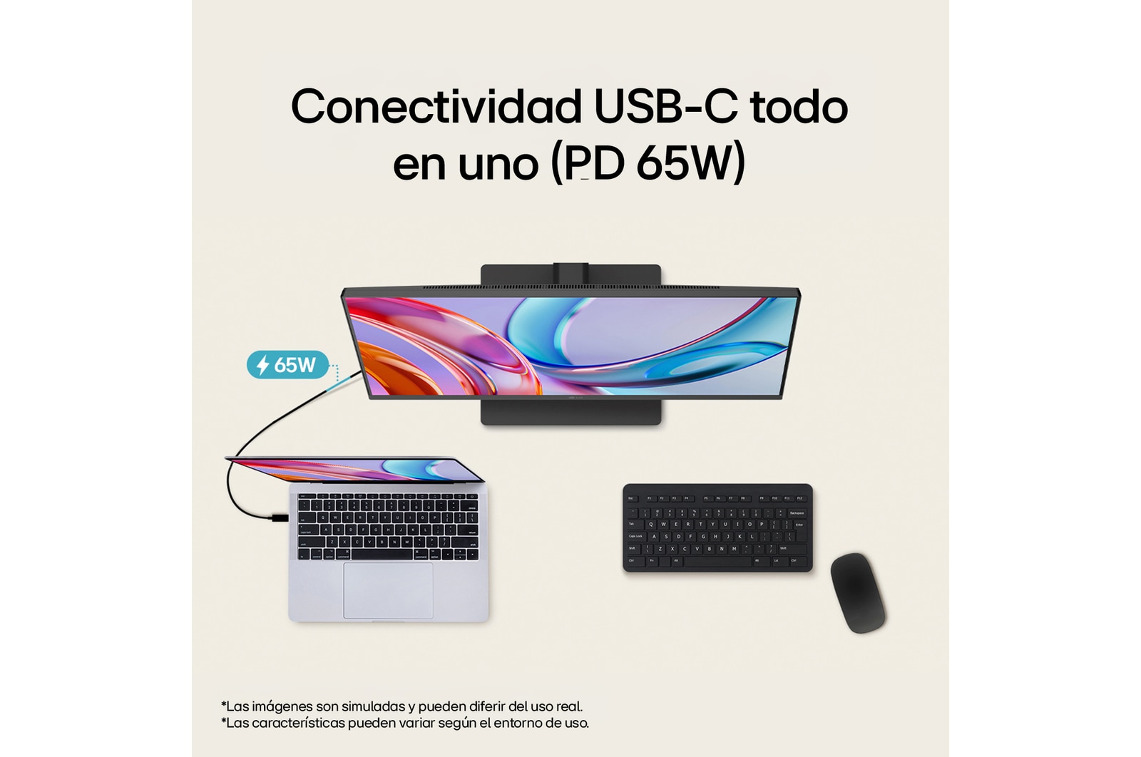 Monitor LG UltraFine con conectividad USB-C que admite hasta 65W de suministro de energía, conectado a un portátil y periféricos para una configuración de espacio de trabajo optimizada