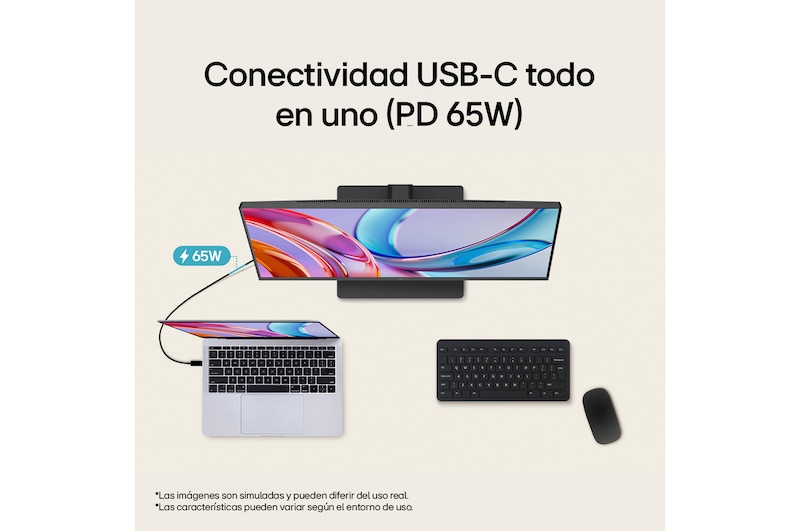 Monitor LG UltraFine con conectividad USB-C que admite hasta 65W de suministro de energía, conectado a un portátil y periféricos para una configuración de espacio de trabajo optimizada