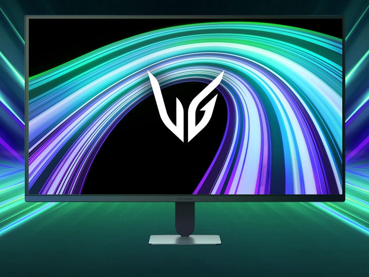 Front image of the UltraGear™ 32G403B gaming monitor in a futuristic, neon-lit room.