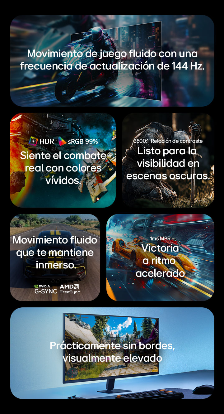 This image presents key features of an LG gaming monitor, including a 144Hz refresh rate for fluid motion, IPS display with HDR and sRGB 99% color for vivid visuals, enhanced dark-scene visibility with a 3500:1 contrast ratio, smooth gameplay with AMD FreeSync support, fast response with 1ms MBR, and a virtually borderless design for an immersive setup.