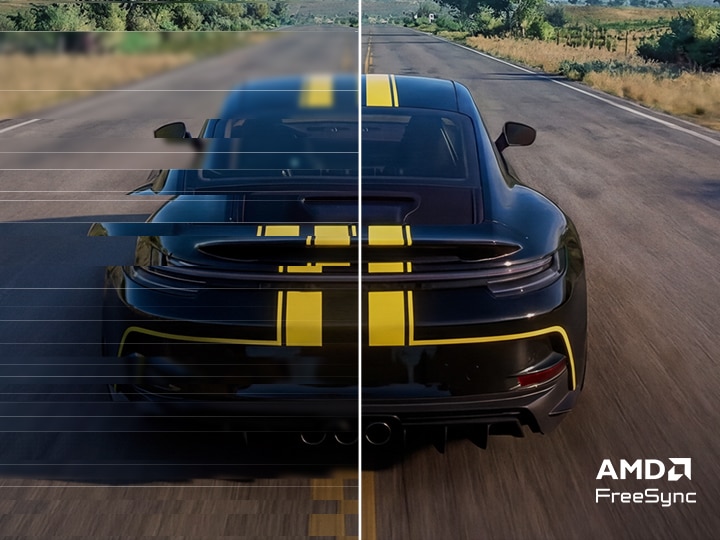 Racing scene displayed on the UltraGear™ 32G403B monitor comparing Disabled and Enabled modes, illustrating smoother motion and reduced tearing with support for AMD FreeSync.