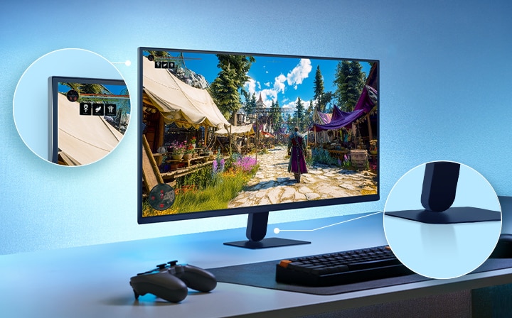 This image shows an UltraGear™ gaming monitor on a desk setup displaying a game scene, with zoomed-in highlights emphasizing the borderless display design and a sleek floating-like stand.