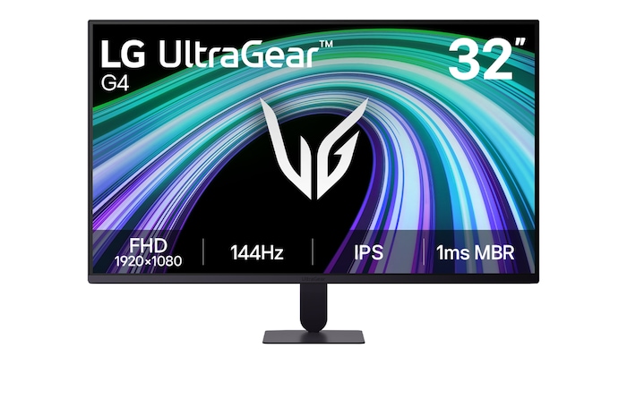 Esta imagen muestra la vista frontal del monitor gaming LG UltraGear G4 de 32 pulgadas, el cual cuenta con una pantalla IPS de resolución FHD (1920×1080), una frecuencia de actualización de 144Hz y 1ms MBR, destacando un rendimiento rápido y una jugabilidad fluida para el uso en videojuegos.