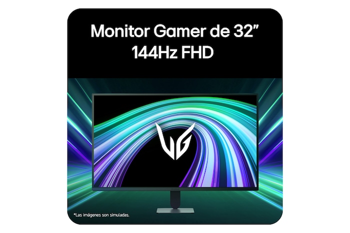 Vista frontal de un monitor gaming exhibido en un entorno futurista de estilo neón.