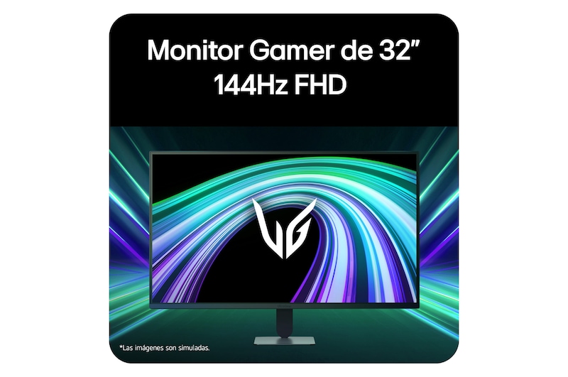 Vista frontal de un monitor gaming exhibido en un entorno futurista de estilo neón.