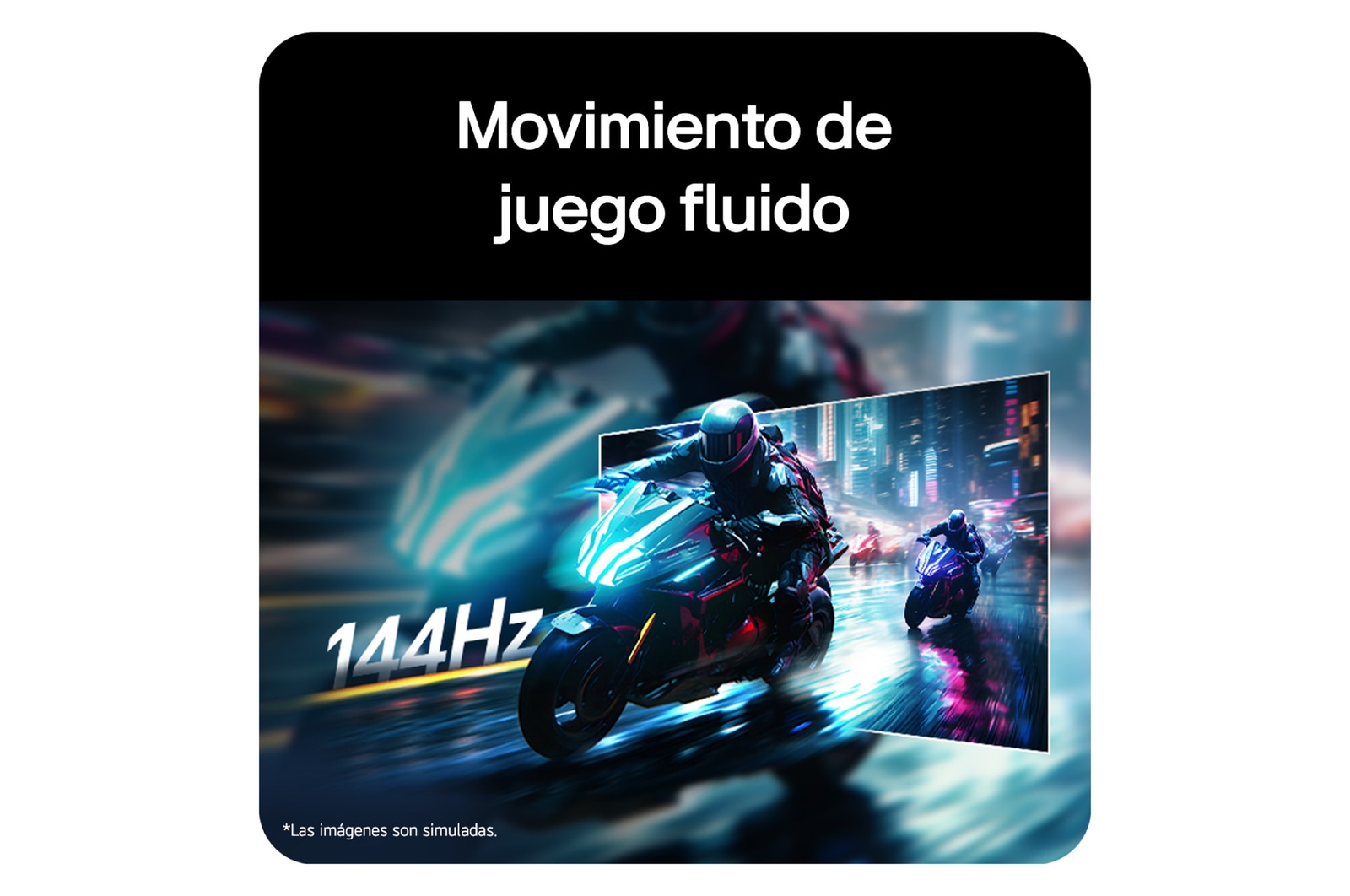 Escena de una carrera de motocicletas mostrada en un monitor gaming, ilustrando una frecuencia de actualización de 144Hz para un movimiento fluido en el juego.