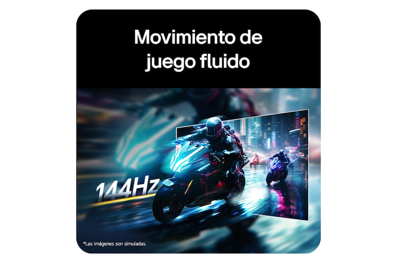 Escena de una carrera de motocicletas mostrada en un monitor gaming, ilustrando una frecuencia de actualización de 144Hz para un movimiento fluido en el juego.
