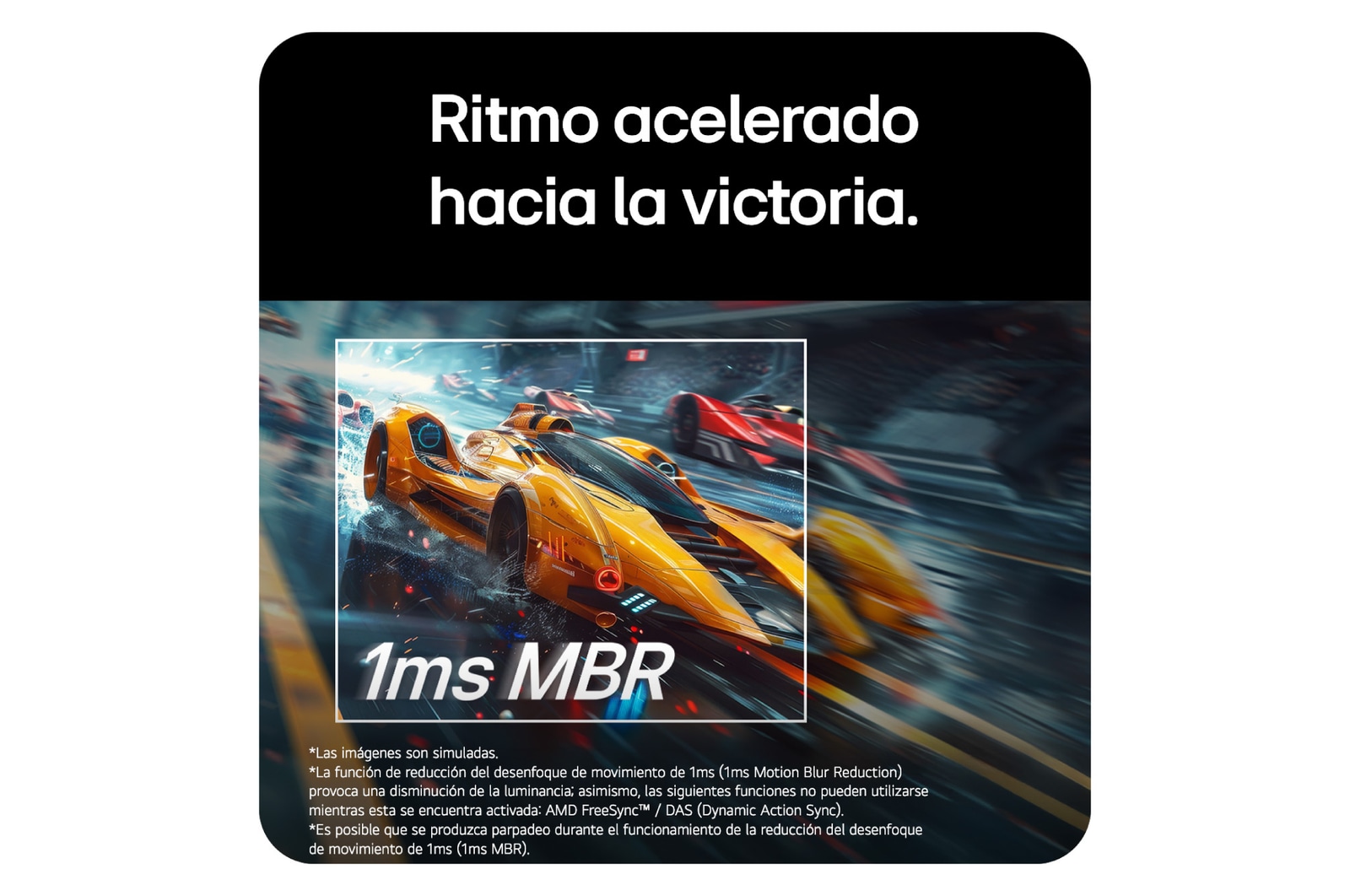 En la pantalla se muestra un coche de carreras amarillo avanzando a gran velocidad, con la inscripción '1ms MBR' destacada en primer plano.