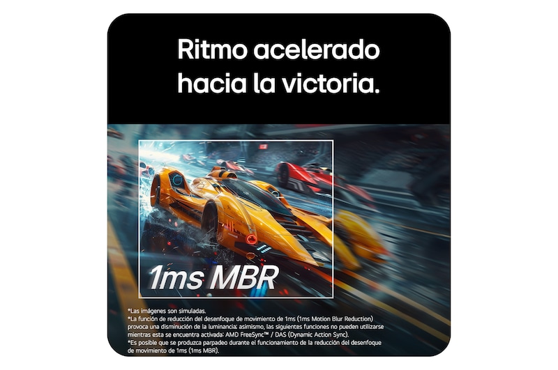 En la pantalla se muestra un coche de carreras amarillo avanzando a gran velocidad, con la inscripción '1ms MBR' destacada en primer plano.