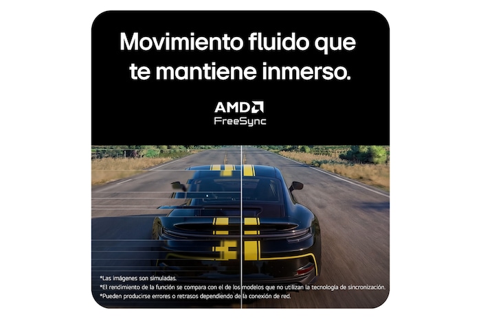 Escena de carreras mostrada en un monitor gaming, con soporte Adaptive Sync y AMD FreeSync para una jugabilidad fluida y sin desgarros.