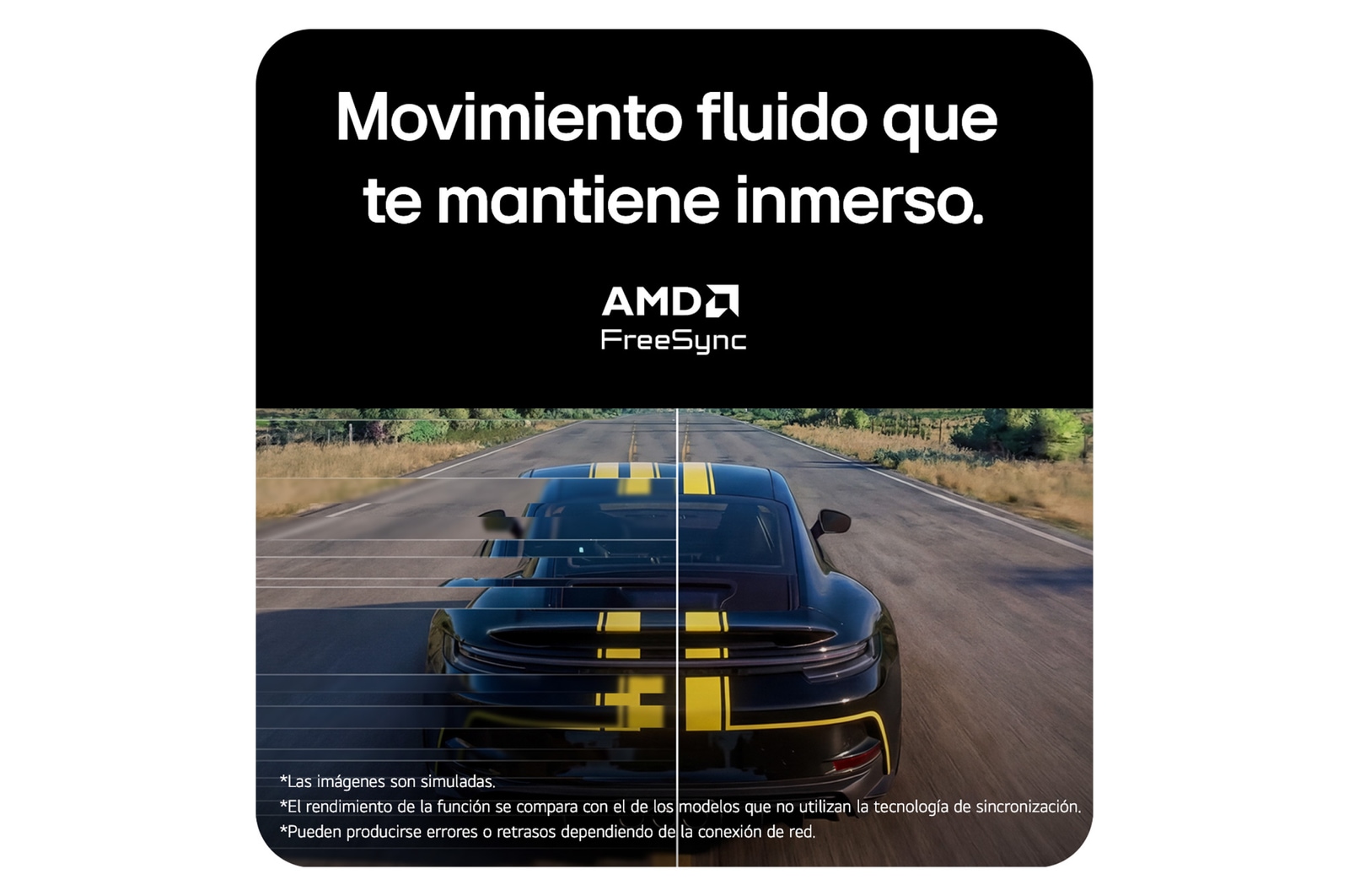 Escena de carreras mostrada en un monitor gaming, con soporte Adaptive Sync y AMD FreeSync para una jugabilidad fluida y sin desgarros.