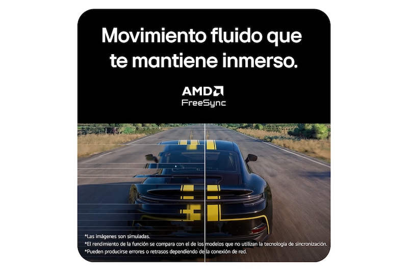 Escena de carreras mostrada en un monitor gaming, con soporte Adaptive Sync y AMD FreeSync para una jugabilidad fluida y sin desgarros.