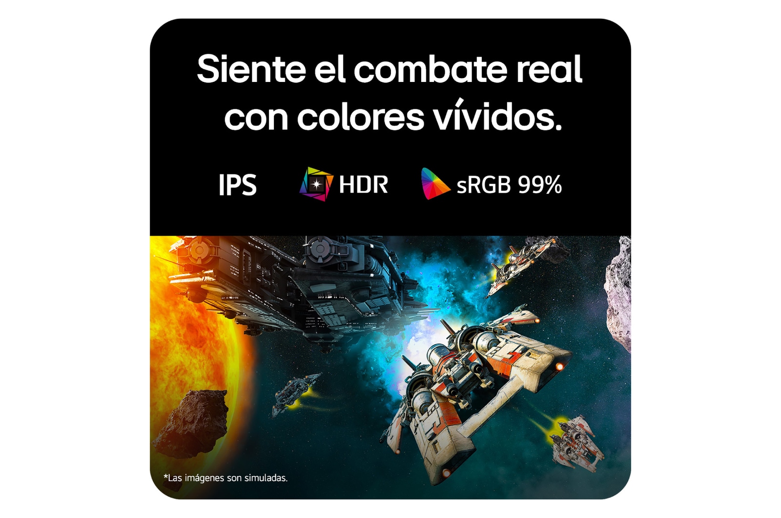 Escena de batalla futurista mostrada en un monitor gaming, exhibiendo colores vívidos con una gama cromática sRGB del 99%, tecnología IPS y certificación HDR.