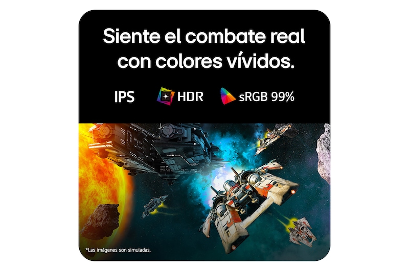 Escena de batalla futurista mostrada en un monitor gaming, exhibiendo colores vívidos con una gama cromática sRGB del 99%, tecnología IPS y certificación HDR.