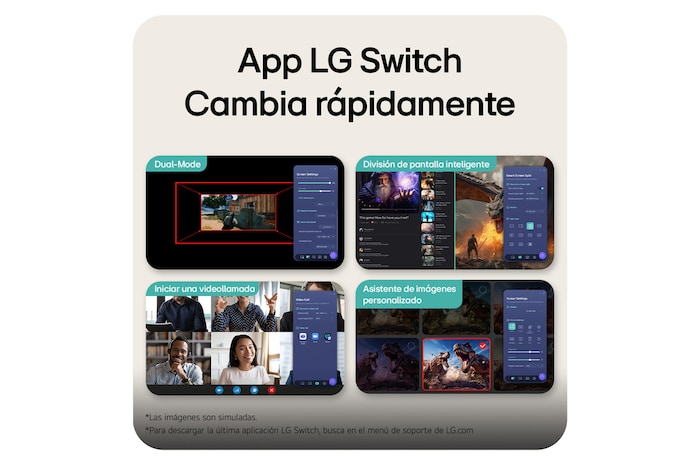 Esta imagen destaca la interfaz de la aplicación LG Switch, mostrando funciones como el modo Dual,Smart scree split, el inicio de videollamadas y el Asistente de Imagen Personalizado, para un control más inteligente y una transición de pantalla fluida.