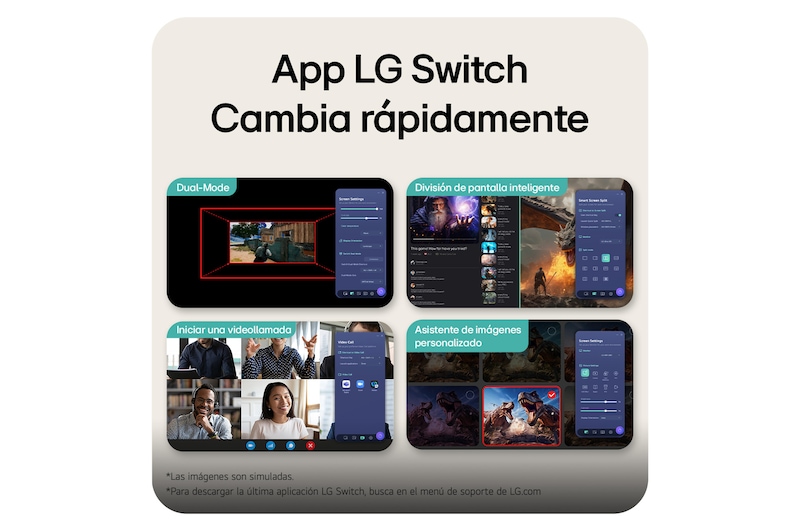 Esta imagen destaca la interfaz de la aplicación LG Switch, mostrando funciones como el modo Dual,Smart scree split, el inicio de videollamadas y el Asistente de Imagen Personalizado, para un control más inteligente y una transición de pantalla fluida.