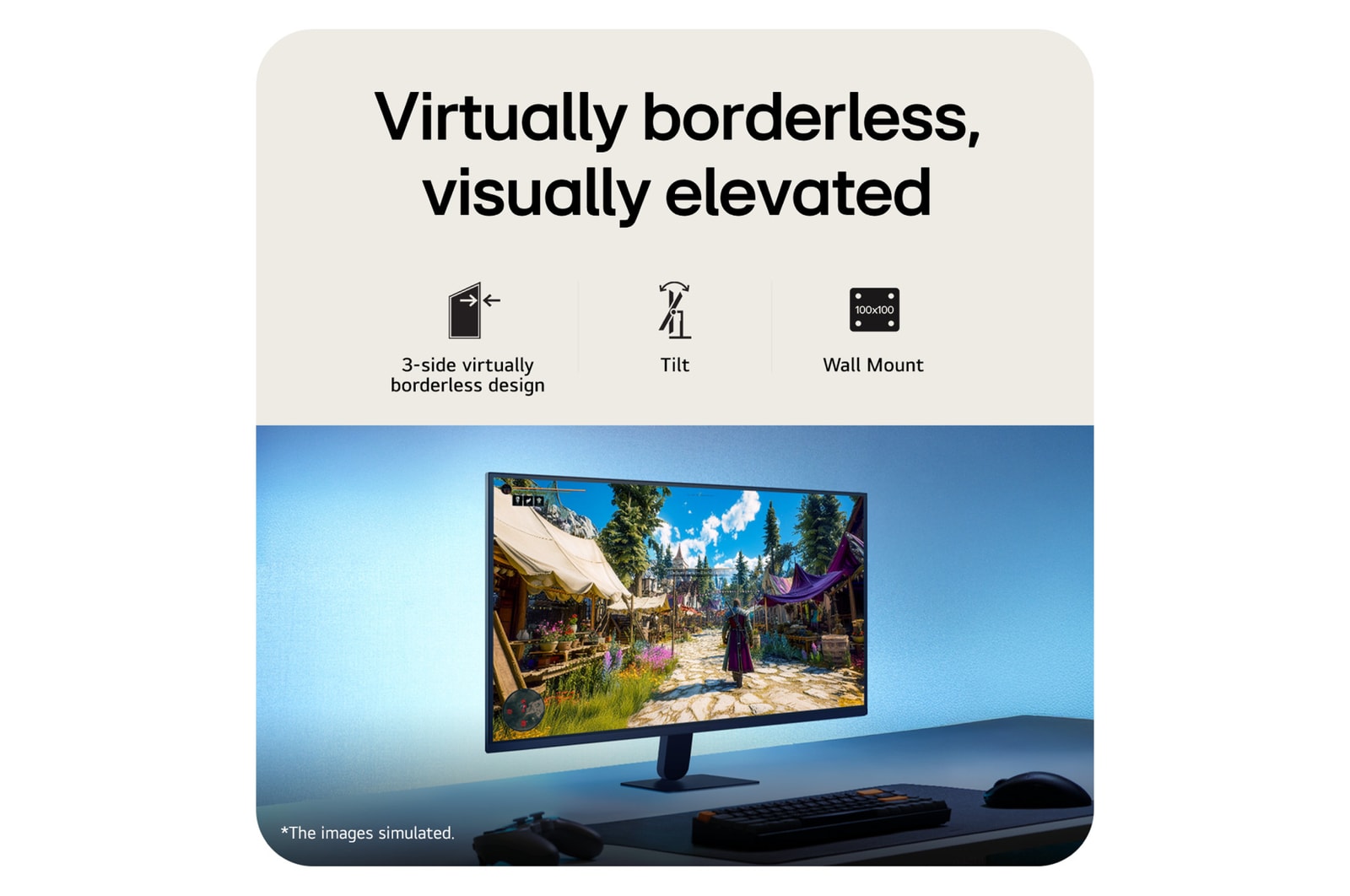 Esta imagen muestra un monitor gaming UltraGear™ en una configuración de escritorio, exhibiendo una escena de videojuego, con iconos que indican un diseño sin bordes en 3 lados, soporte de inclinación y compatibilidad con montaje en pared.