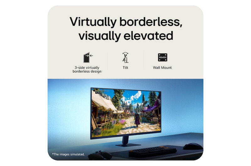 Esta imagen muestra un monitor gaming UltraGear™ en una configuración de escritorio, exhibiendo una escena de videojuego, con iconos que indican un diseño sin bordes en 3 lados, soporte de inclinación y compatibilidad con montaje en pared.