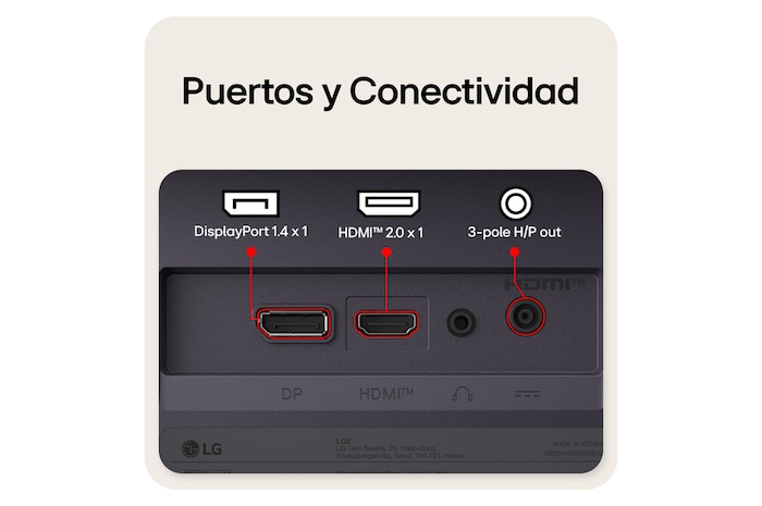 Vista trasera de un monitor gaming que muestra sus puertos de conectividad, incluyendo una entrada HDMI™ 2.0, un puerto DisplayPort 1.4 y una salida de auriculares (H/P) de 3 polos.