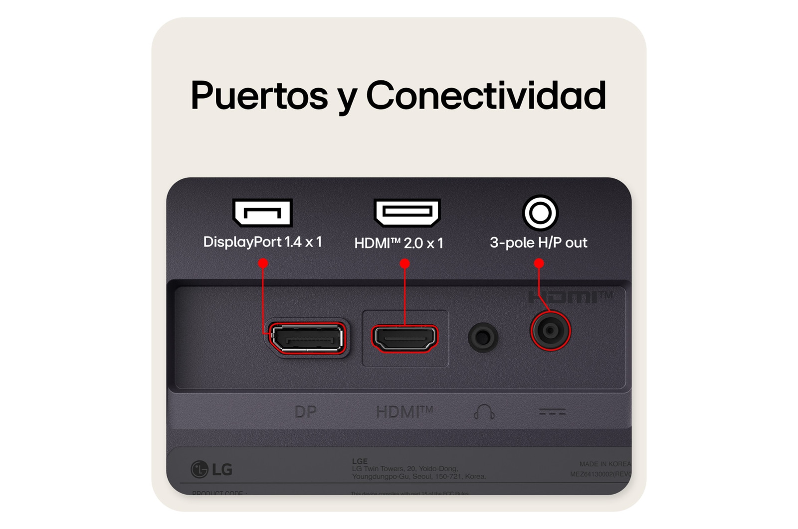Vista trasera de un monitor gaming que muestra sus puertos de conectividad, incluyendo una entrada HDMI™ 2.0, un puerto DisplayPort 1.4 y una salida de auriculares (H/P) de 3 polos.