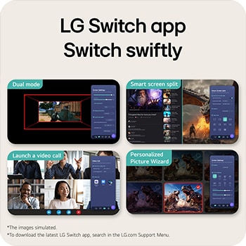 Esta imagen destaca la interfaz de la aplicación LG Switch, mostrando funciones como el modo Dual,Smart scree split, el inicio de videollamadas y el Asistente de Imagen Personalizado, para un control más inteligente y una transición de pantalla fluida.