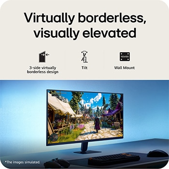 Esta imagen muestra un monitor gaming UltraGear™ en una configuración de escritorio, exhibiendo una escena de videojuego, con iconos que indican un diseño sin bordes en 3 lados, soporte de inclinación y compatibilidad con montaje en pared.