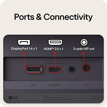 Vista trasera de un monitor gaming que muestra sus puertos de conectividad, incluyendo una entrada HDMI™ 2.0, un puerto DisplayPort 1.4 y una salida de auriculares (H/P) de 3 polos.