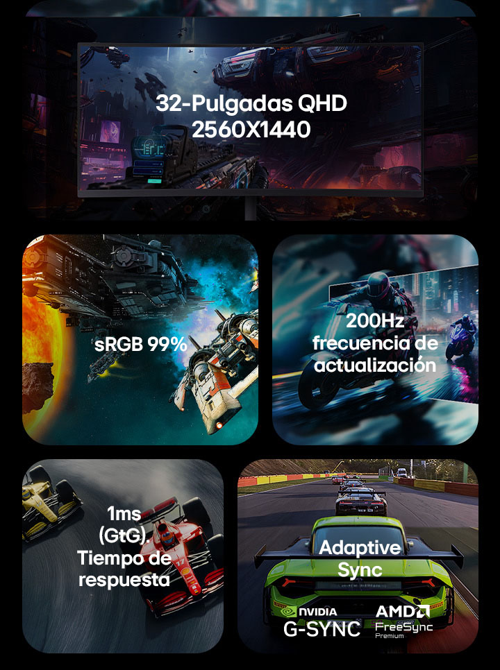 Resumen de las características de un monitor para juegos destacando: resolución QHD de 32 pulgadas 2560x1440, gama de colores RGB del 99%, frecuencia de actualización de 200 Hz, tiempo de respuesta de 1 ms (GtG), Adaptive Sync con compatibilidad con NVIDIA G-SYNC y AMD FreeSync Premium.